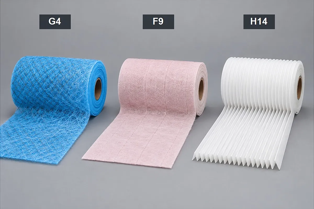 Filter media grades from G4 to H14 side by side